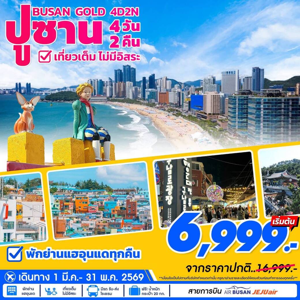 ทัวร์เกาหลี ปูซาน โกลด์แพคเกจ 4วัน 2คืน (7C)