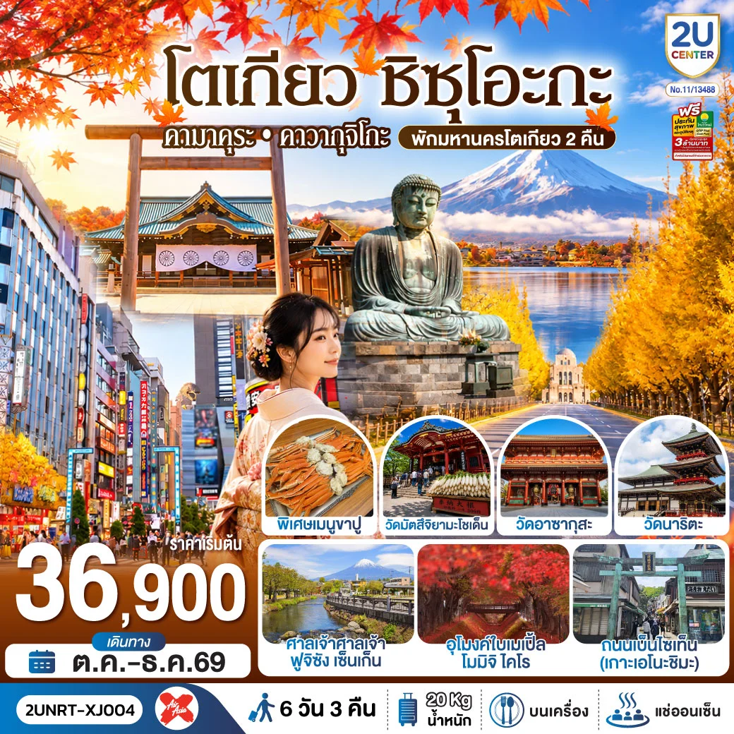 ทัวร์ญี่ปุ่น โตเกียว ชิซุโอะกะ คามาคุระ คาวากุจิโกะ พักมหานครโตเกียว 2 คืน 6 วัน 3 คืน สายการบิน ไทยแอร์เอเชีย เอ็กซ์ 6วัน 3คืน (XJ)